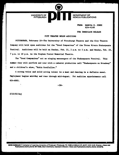 Pitt Theatre Holds Auditions