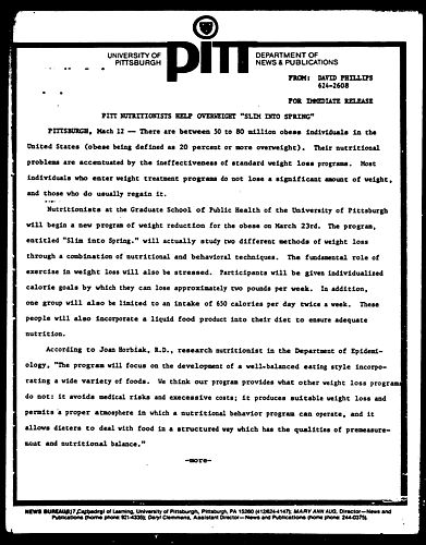 Pitt Nutritionists Help Overweight "Slim Into Spring"