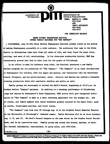 Three Rivers Shakespeare Festival Offers Family Matinees For "The Tempest"