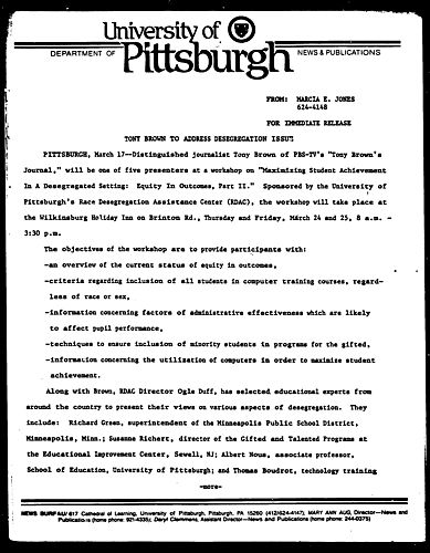 Tony Brown To Address Desegregation Issue