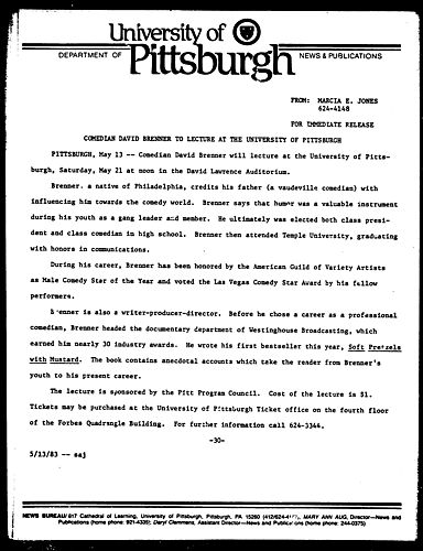 Comedian David Brenner To Lecture At The University Of Pittsburgh