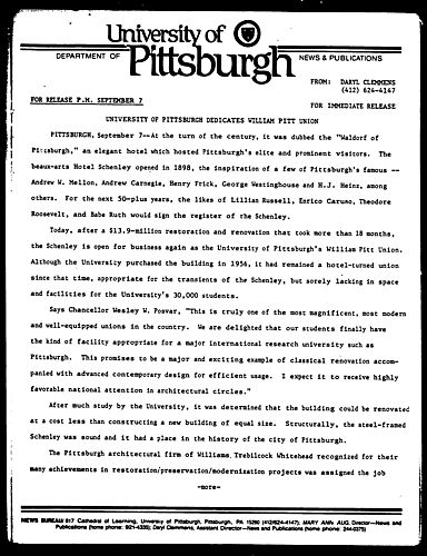 University Of Pittsburgh Dedicates William Pitt Union