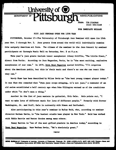 Pitt Jazz Seminar Opens For 13th Year