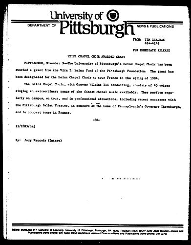 Heinz Chapel Choir Awarded Grant