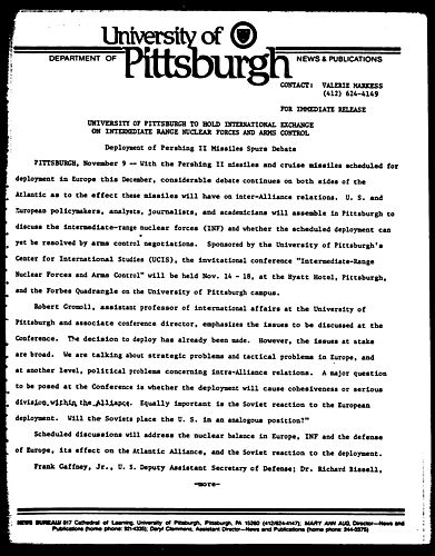 University Of Pittsburgh To Hold International Exchange On Intermediate Range Nuclear Forces And Arms Control