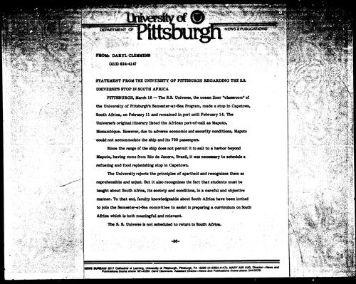 Statement From The University Of Pittsburgh Regarding The S.S. Universe's Stop In South Africa