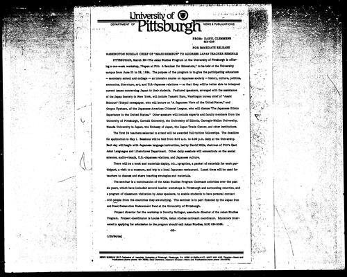 Washington Bureau Chief Of "Asahi Shimbun" To Address Japan Teacher Seminar