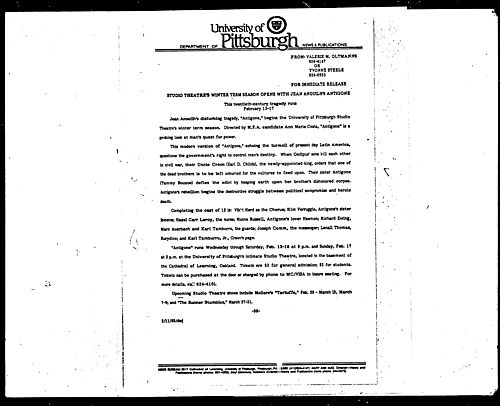 Studior Theatre's Winter Term Season Opens With Jean Anouilh's Antigone