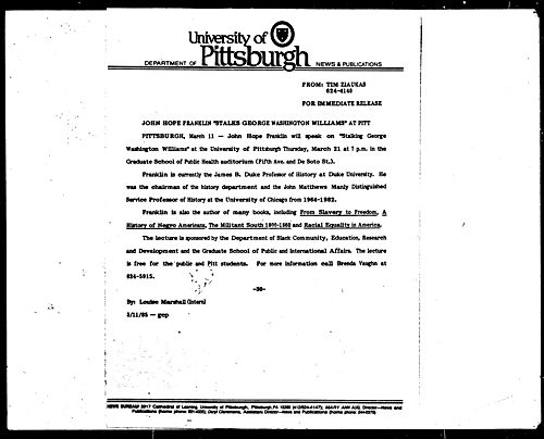 John Hope Franklin "Stalks George Washington Williams" At Pitt