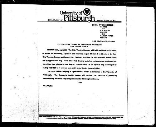 City Theatre Company Announces Auditions For 1985-86 Season