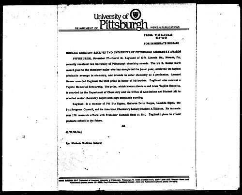 Monaca Resident Receives Two University Of Pittsburgh Chemistry Awards