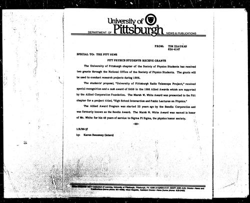 Pitt Physics Students Receive Grants