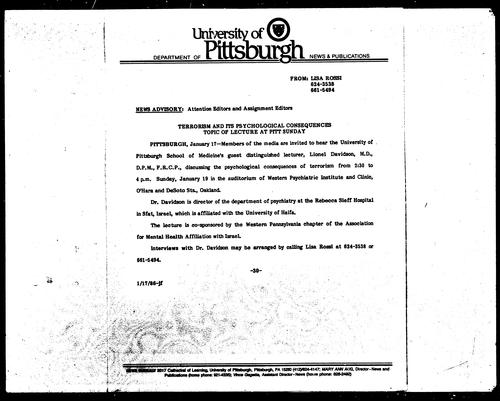 Terrorism And Its Psychological Consequences Topic Of Lecture At Pitt Sunday