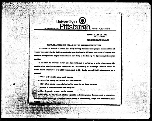 Results Announced Today On Pitt Hysterectomy Study