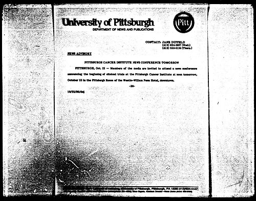 Pittsburgh Cancer Institute News Conference Tomorrow
