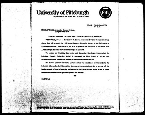 Rowland Brown Delivers Pitt Lazerow Lecture Tomorrow