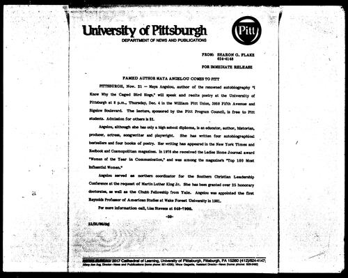 Famed Author Maya Angelou Comes To Pitt