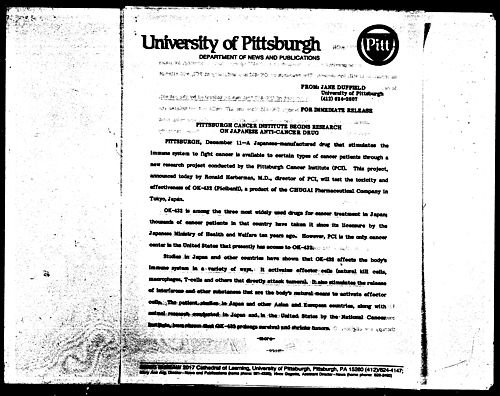 Pittsburgh Cancer Institute Begins Research On Japanese Anti-Cancer Drug