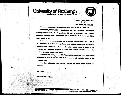 Stephen Foster Memorial Concert Features Music Of Jenny Lind