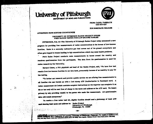 University Of Pittsburgh Radon Project Offers Free Radon Testing for Low-Income Families