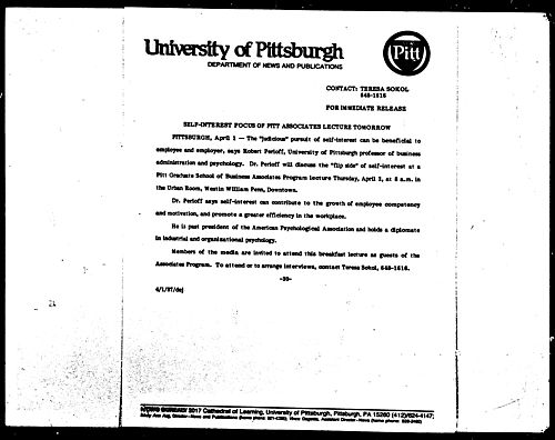 Self-Interest Focus Of Pitt Associates Lecture Tomorrow