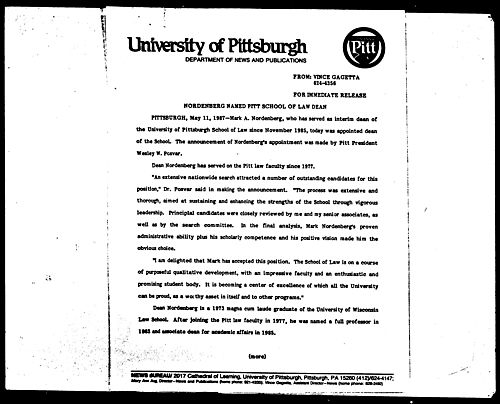 Nordenberg Named Pitt School Of Law Dean