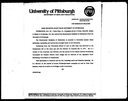 Rose Receives Award From University Of Pittsburgh