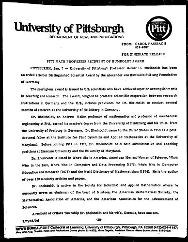 Pitt Math Professor Recipient Of Humboldt Award