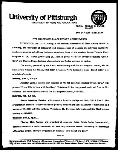 Pitt Announces Black History Month Events