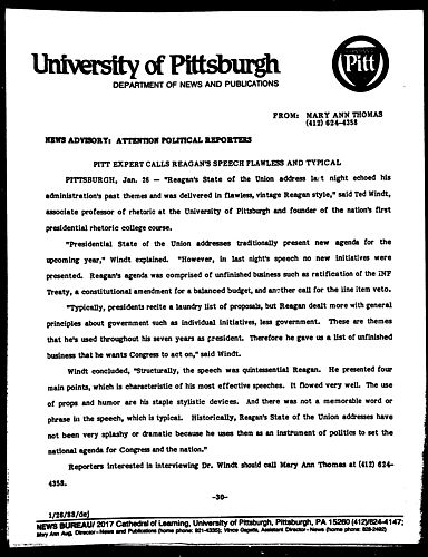 Pitt Expert Calls Reagan's Speech Flawless And Typical