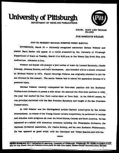 Pitt To Present Michael Webster Music Recital