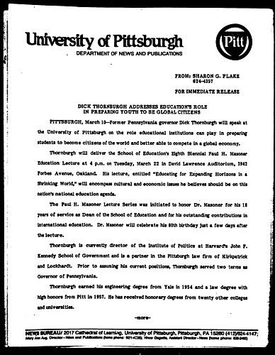 Dick Thornburgh Addresses Education's Role In Preparing Youth To Be Global Citizens