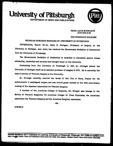 Michigan Surgeon Honored By University Of Pittsburgh