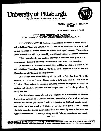 Pitt To Host African Art Auctions To Raise Funds For The African Heritage Classroom