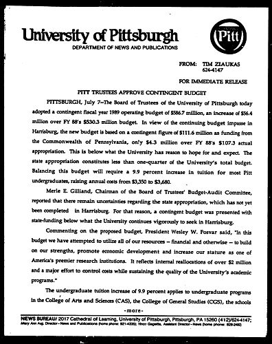 Pitt Trustees Approve Contingent Budget