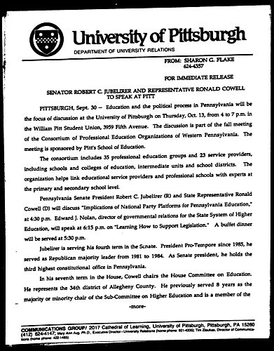 Senator Robert C. Jebelirer And Representative Ronald Cowell To Speak At Pitt