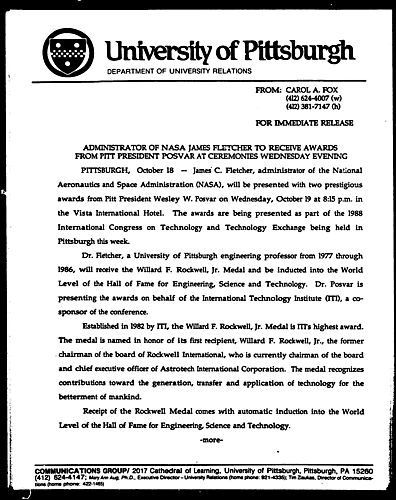 Administrator Of NASA James Fletcher To Receive Awards From Pitt President Posvar At Ceremonies Wednesday Evening