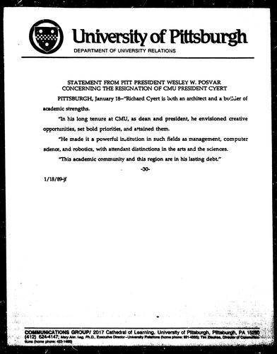 Statement From Pitt President Wesley W. Posvar Concerning The Resignation Of CMU President Cyert