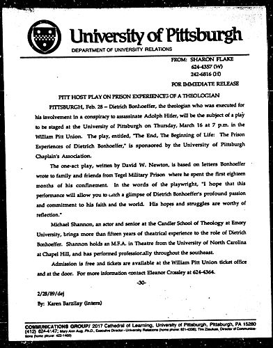 Pitt Host Play On Prison Experience Of A Theologian