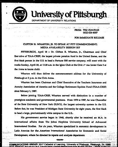 Clifton R. Wharton, Jr. To Speak At Pitt Commencement; Media Availability Session Set