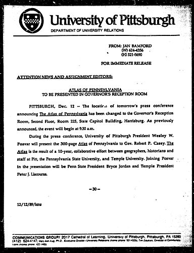 Atlas Of Pennsylvania To Be Presented In Governor's Reception Room