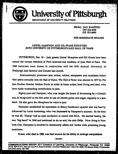 Lionel Hampton And Gil Evans Inducted Into University Of Pittsburgh's Jazz Hall Of Fame