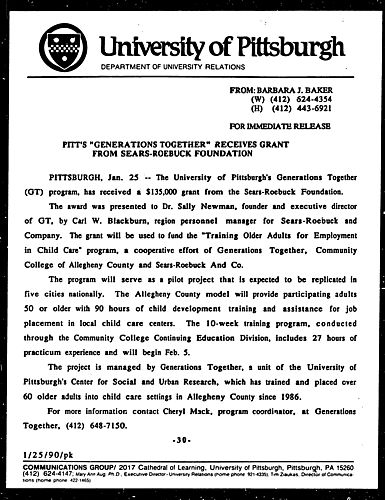 Pitt's "Generations Together" Receives Grant From Sears-Roebuck Foundation