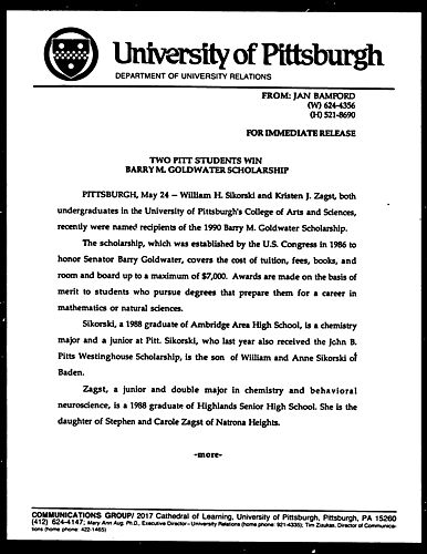 Two Pitt Students Win Barry M. Goldwater Scholarship