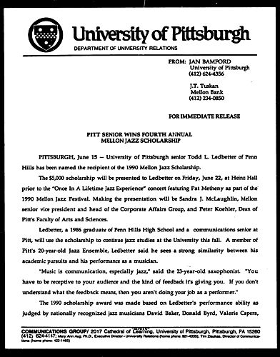 Pitt Senior Wins Fourth Annual Mellon Jazz Scholarship