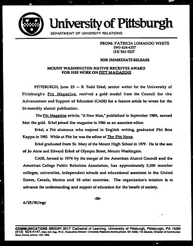 Mount Washington Native Receives Award For His Work On Pitt Magazine