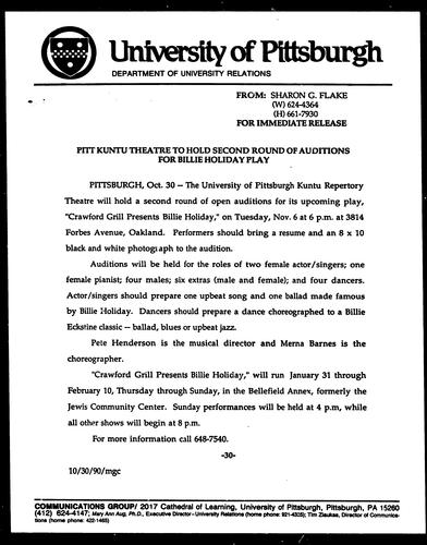 Pitt Kuntu Theatre To Hold Second Round Of Auditions For Billie Holiday Play