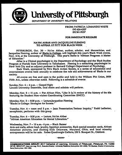 Na'im Akbar And Jacqueline Fleming To Appear At Pitt For Black Week