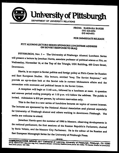 Pitt Alumni Lecture Series Sponsors Lunchtime Address On Soviet Response To Iraq