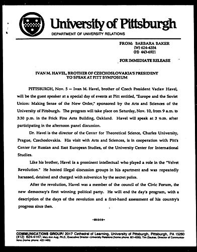 Ivan M. Havel, Brother Of Czechoslovakia's President To Speak At Pitt Symposium